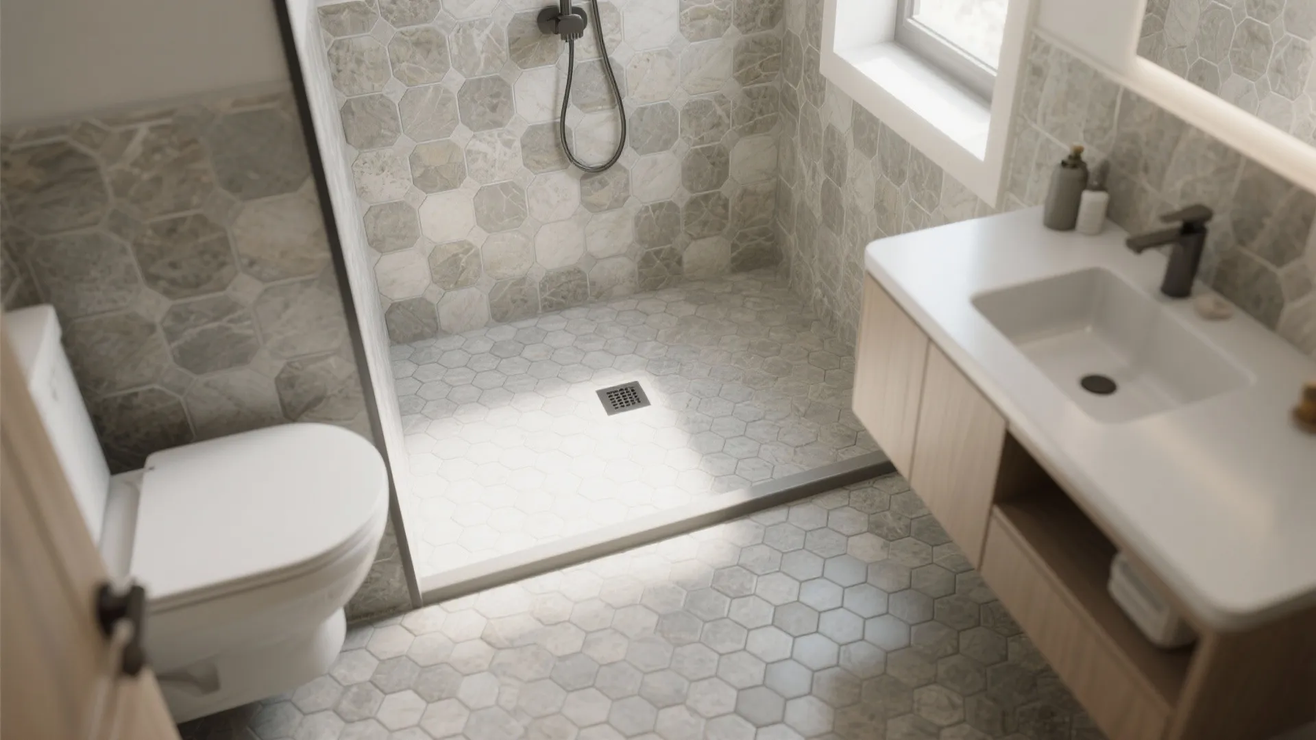 Curbless shower with tonal stone-look mosaic floor provides traction and continuous lines in a small bathroom.