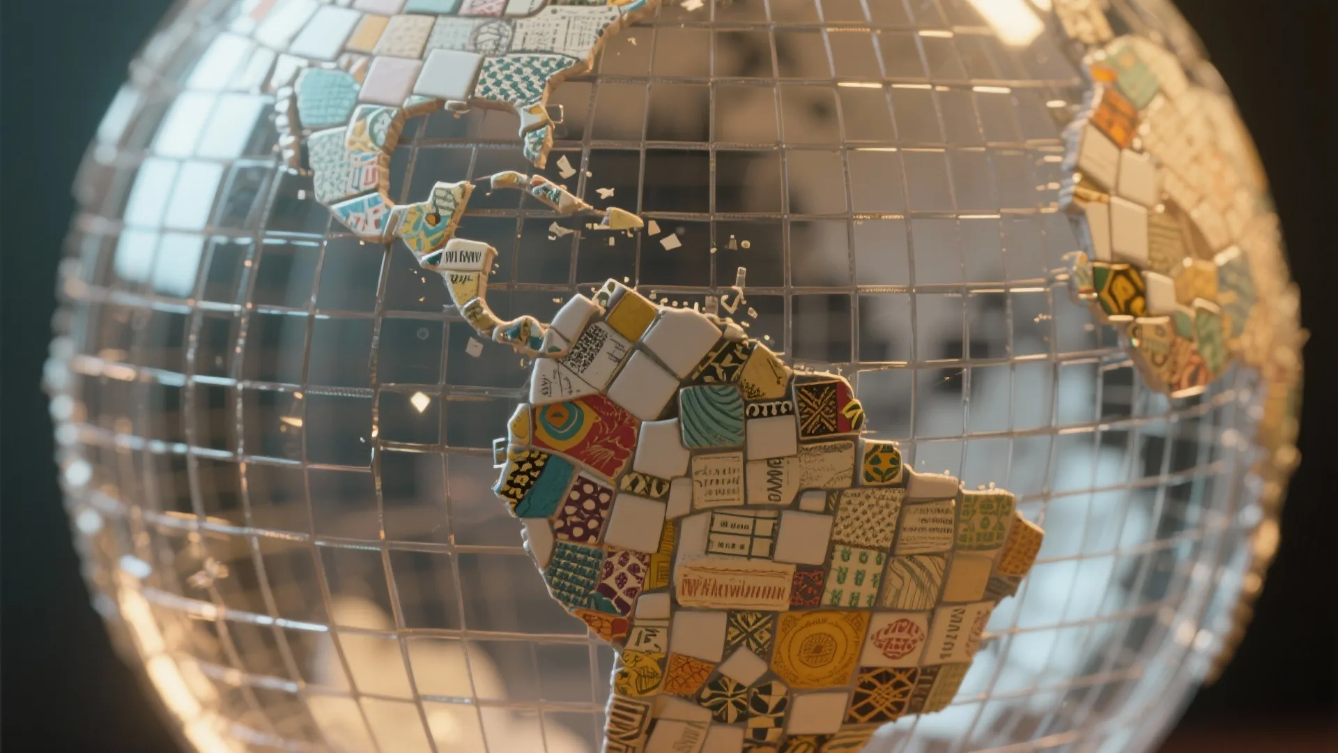 Close up view of a glass globe decorated with colorful paper pieces forming the world map