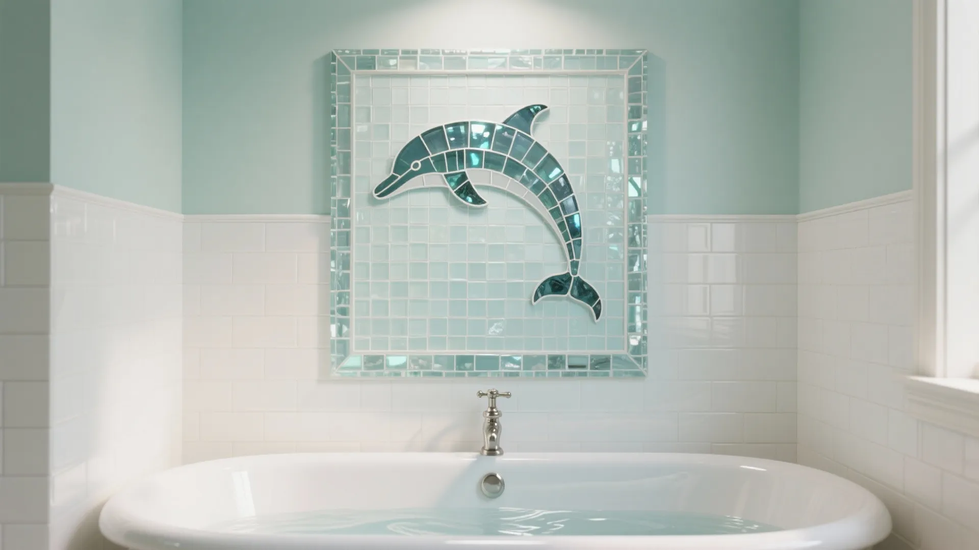 Large blue dolphin tile mosaic on a light green wall above a white soaking bathtub