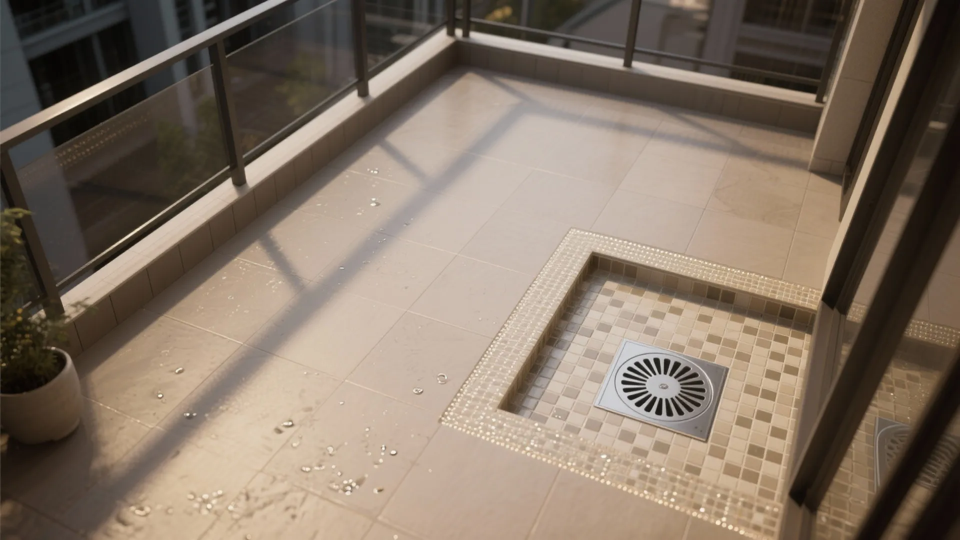 Tiled balcony floor with water droplets and a square floor drain with small mosaic tiles