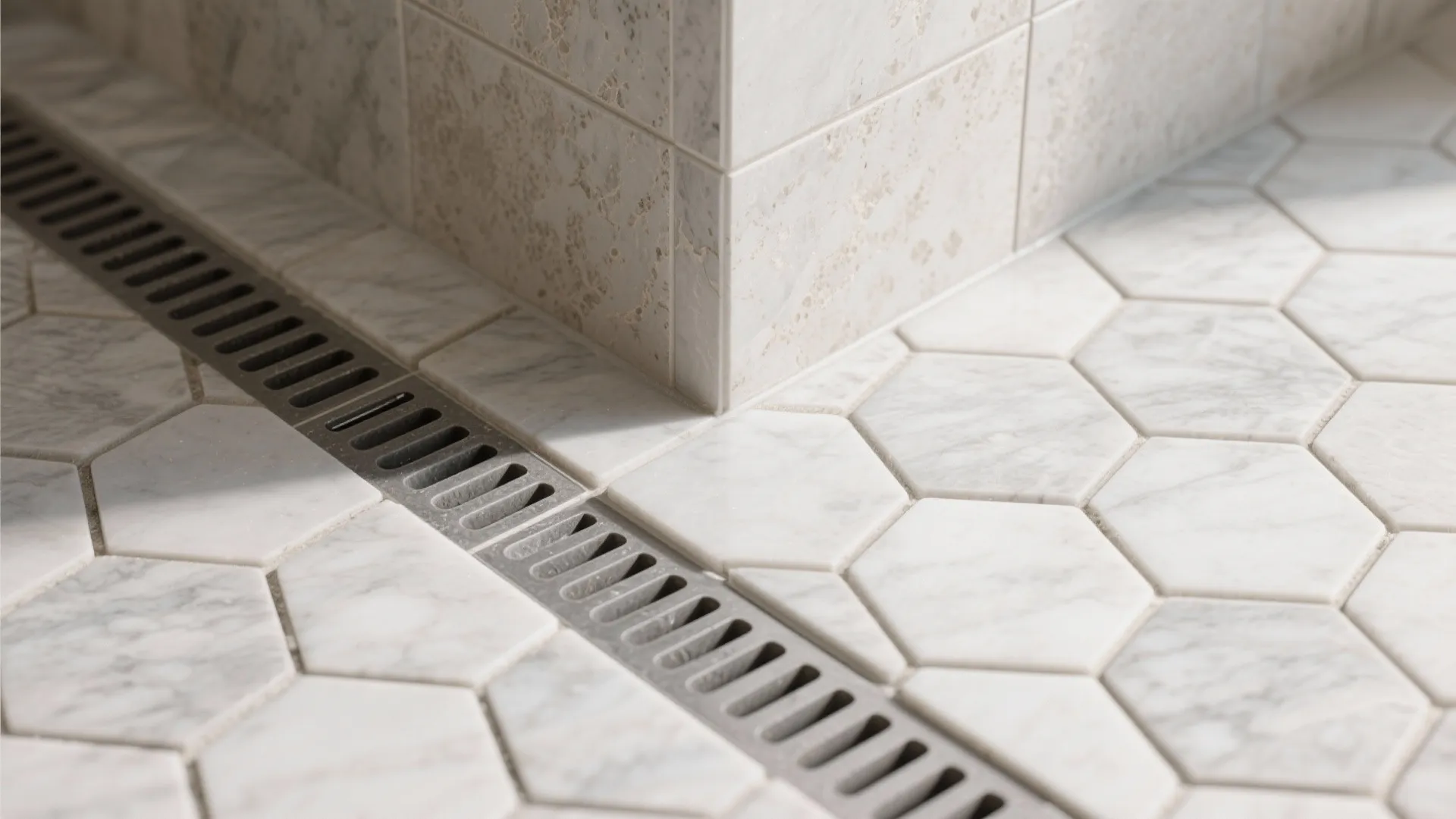 3) Slip-resistant marble mosaics on the floor, larger tiles on walls