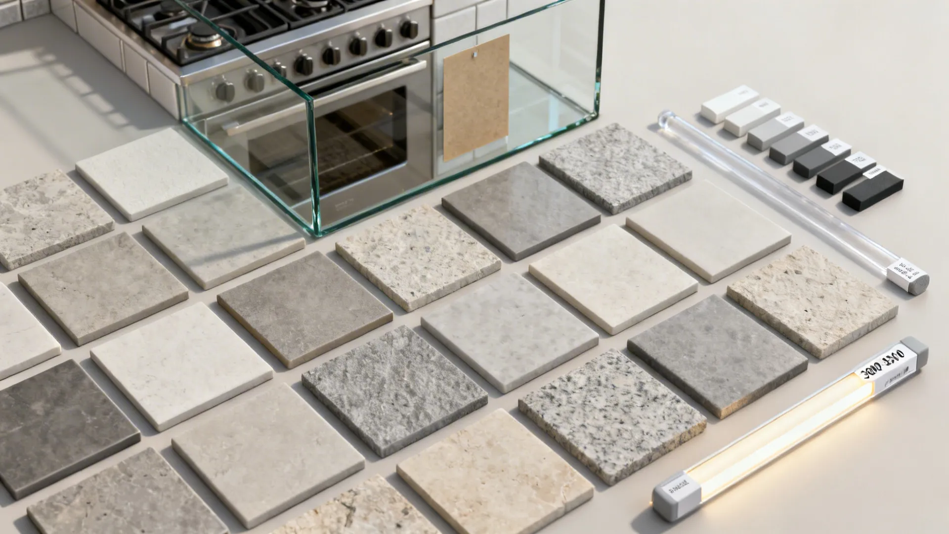 Flatlay of small mosaic sizes, floor-rated samples, grout sticks, and neutral LED strip for FAQs.