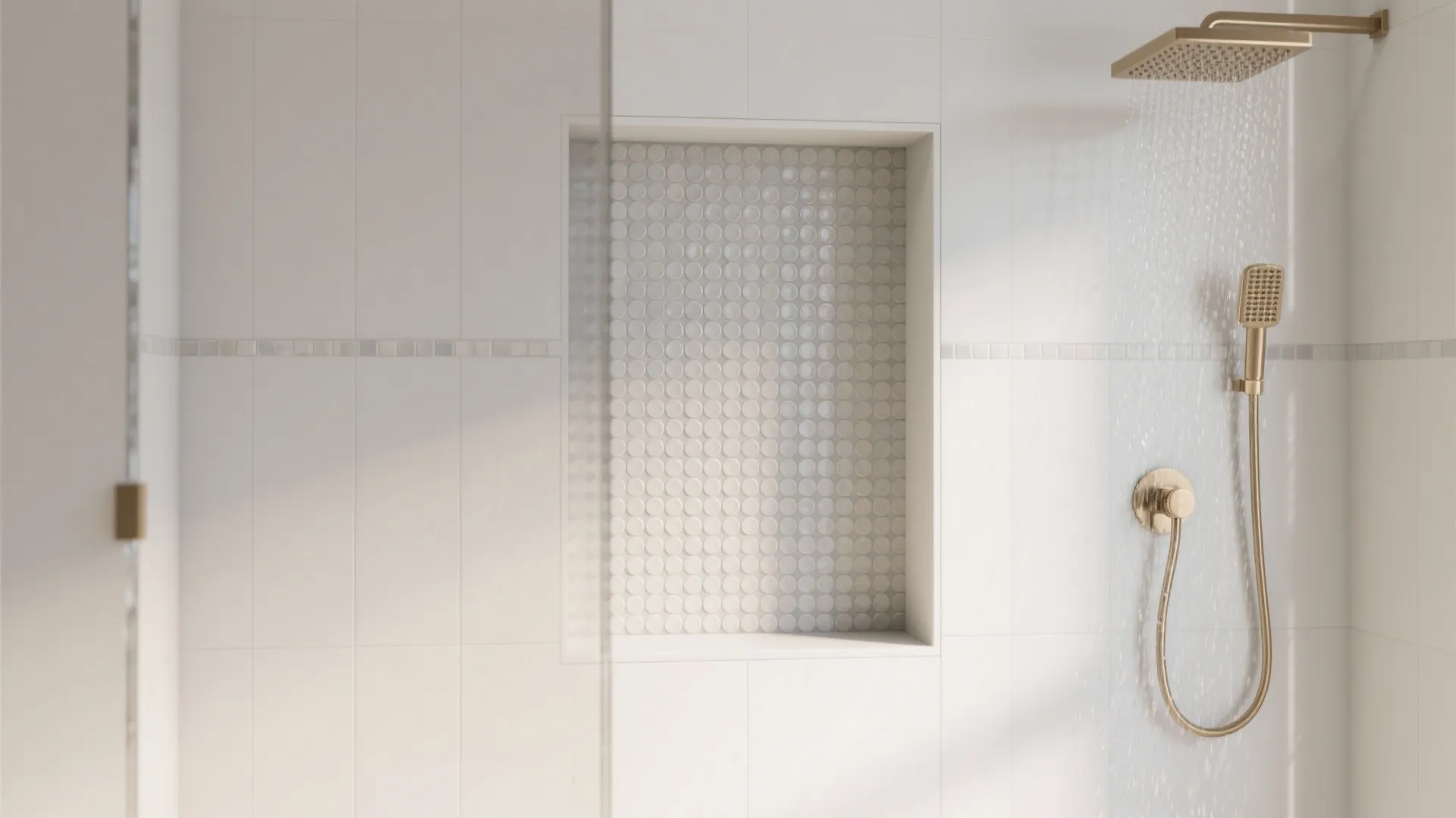 White shower area with gold shower head and small round mosaic tiles inside a niche