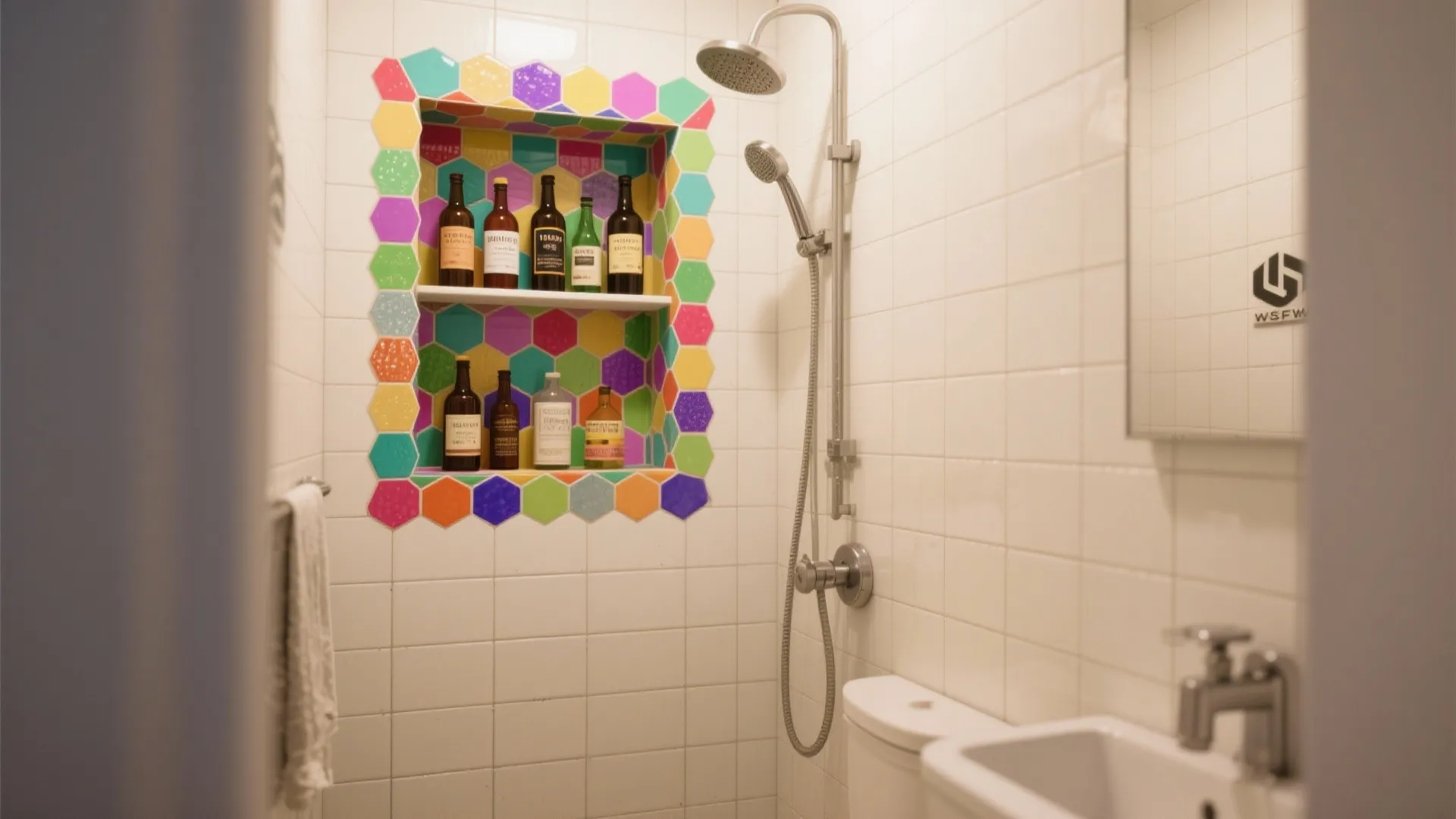 Bathroom wall shelf with colorful honeycomb tiles holding several brown glass bottles near the shower