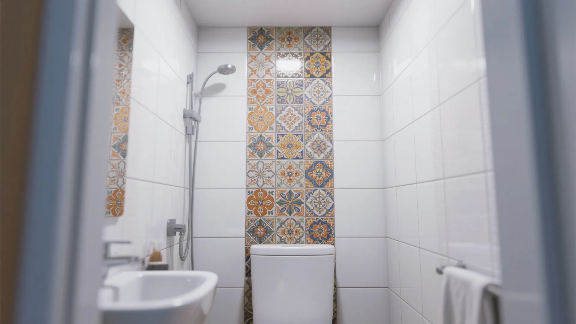 Vertical mosaic tile panel in a small bathroom