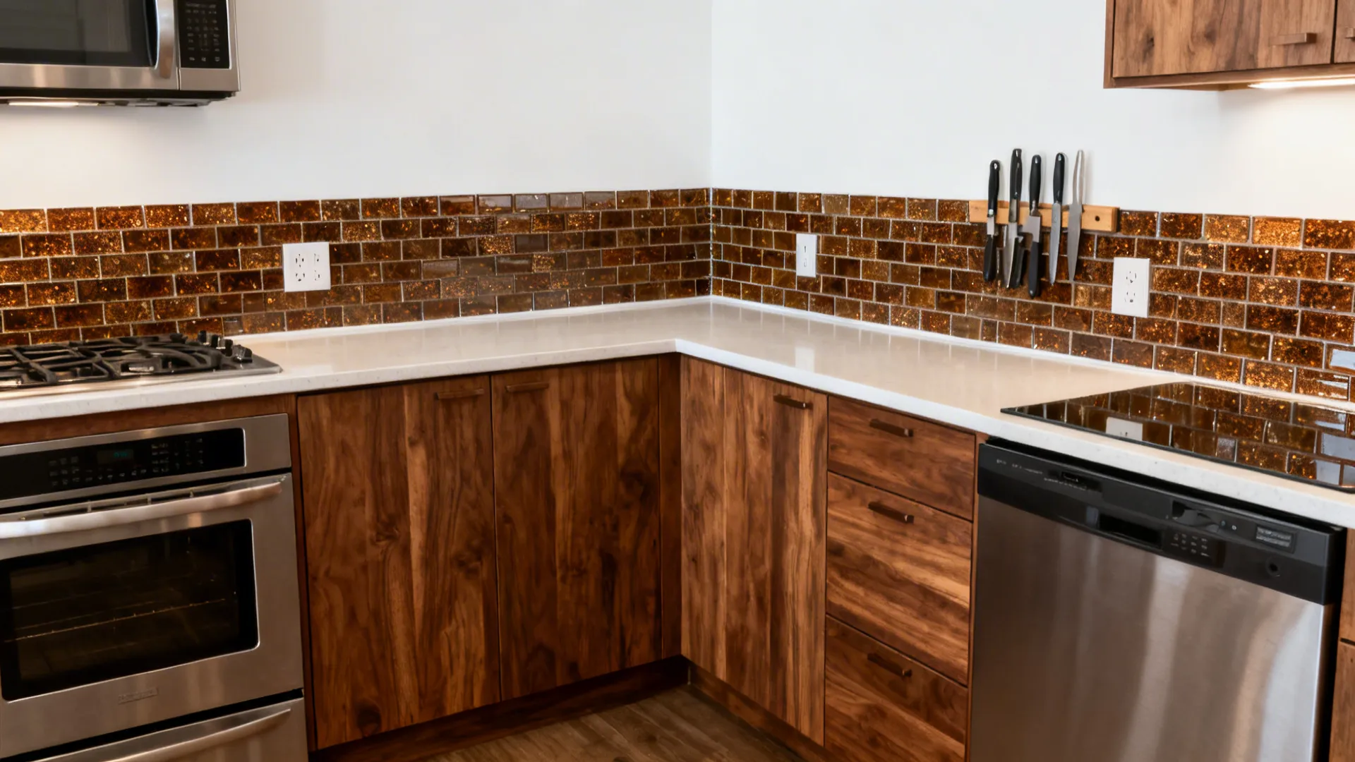L-shaped kitchen with a bronze-flecked mosaic feature strip wrapping the corner.