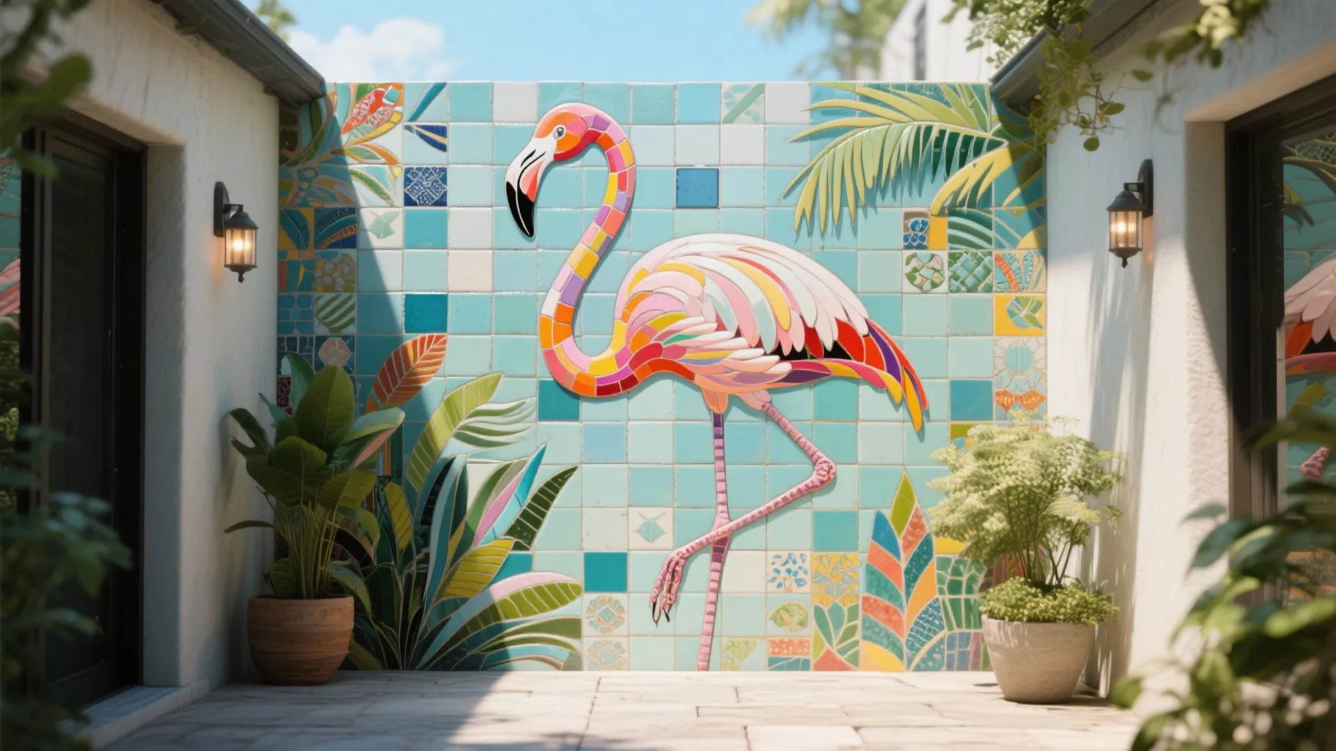 Colorful pink flamingo mosaic wall mural on blue tiles in an outdoor courtyard with plants
