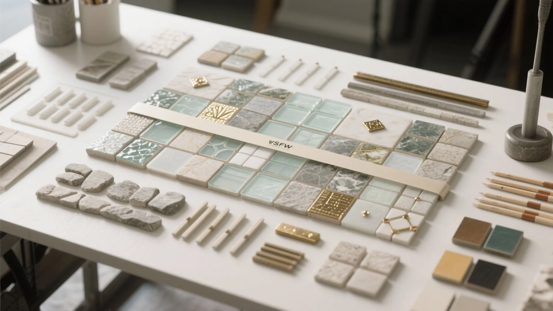 Top-down flatlay of mixed mosaic tiles—glass, stone, ceramic—with metallic inlays and labeled grout swatches.
