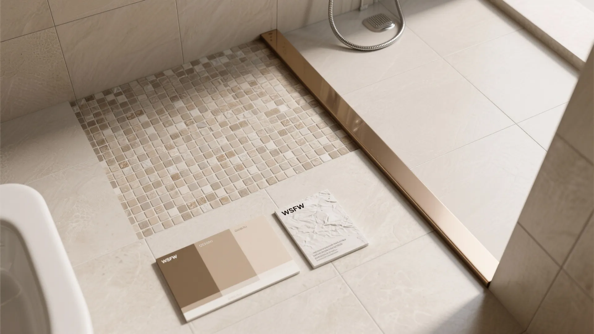 Close up of beige mosaic floor tiles in shower next to color palette and samples