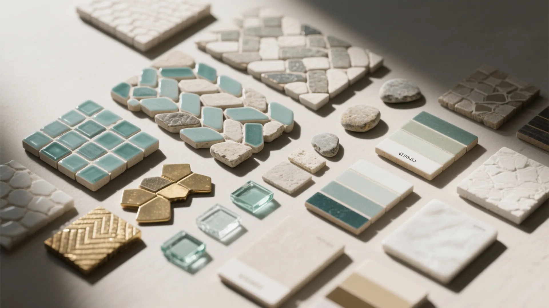 Flatlay of mosaic samples, grout swatches, and glass pieces in neutral and teal palettes for small baths.