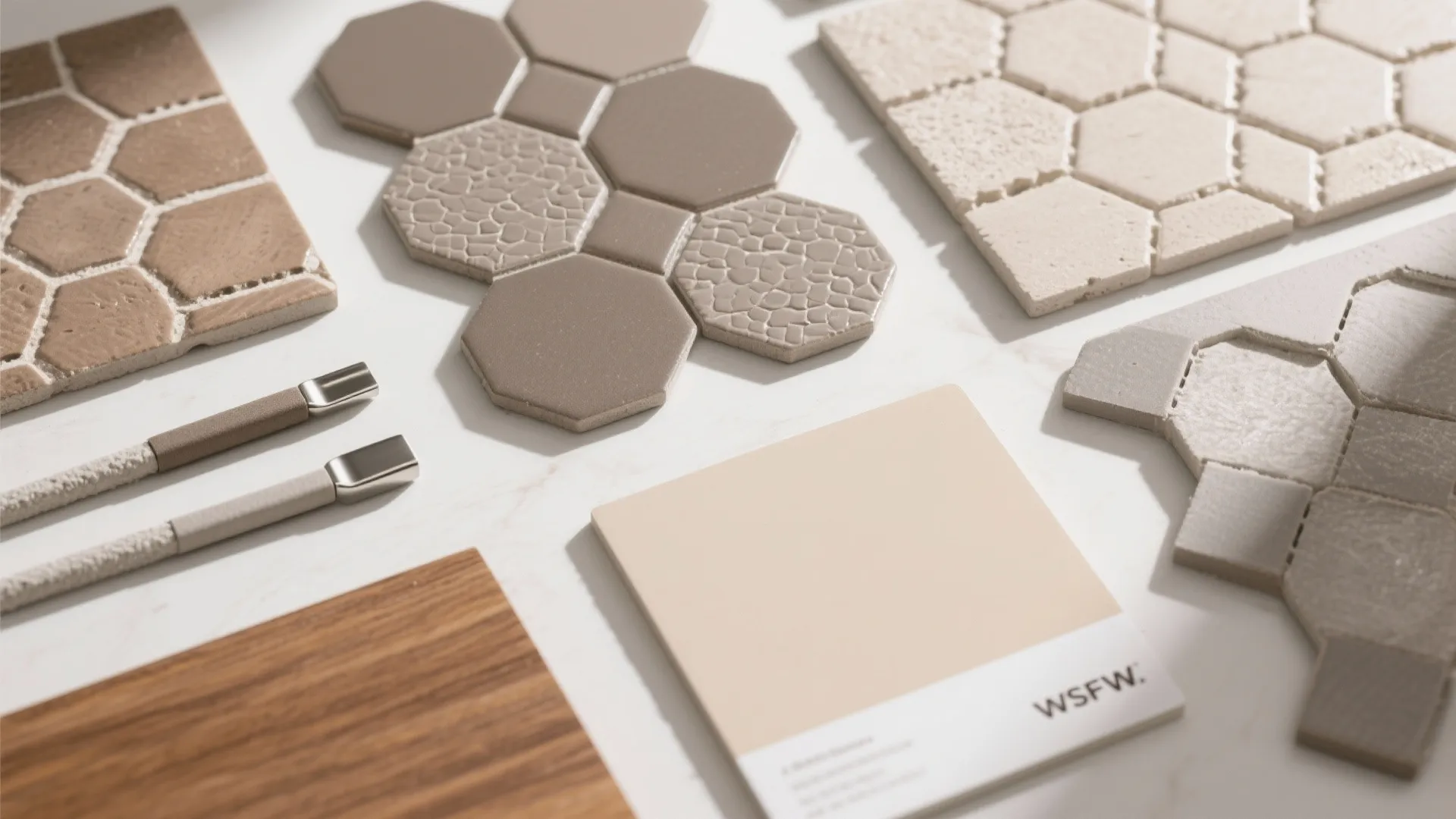 Collection of interior design material samples including hexagonal tiles wood board and neutral color swatches