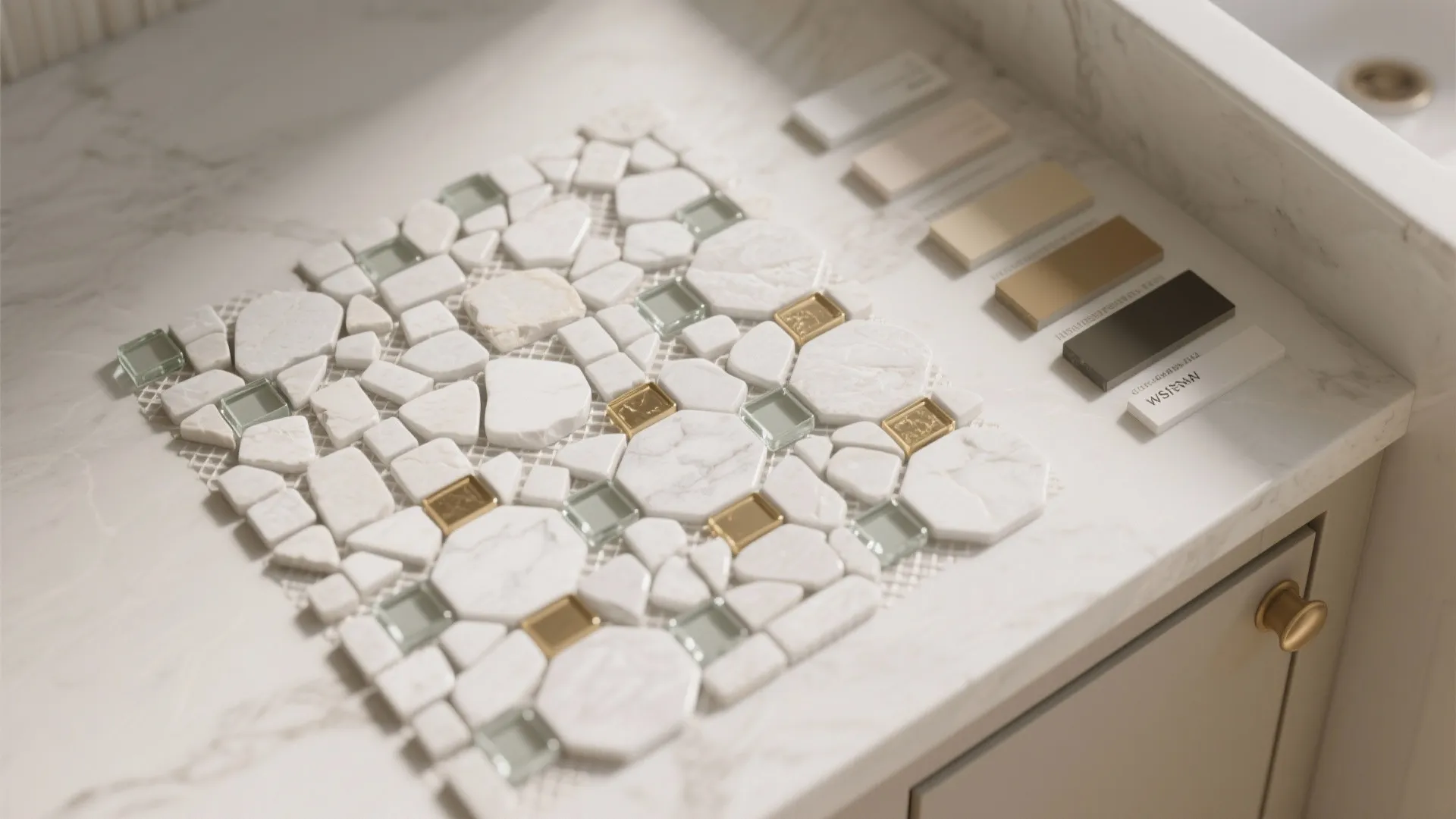 Mosaic wall tile layout on a marble bathroom counter with small stone and glass pieces
