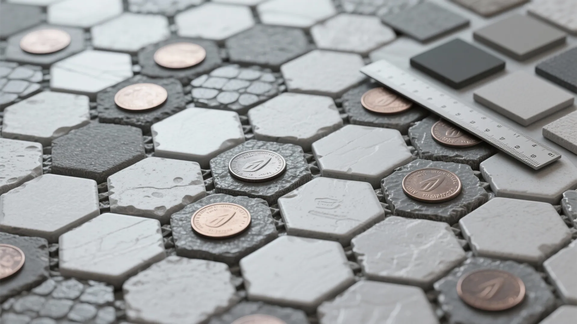 Close up of grey and white hexagon floor tiles with copper coins and a silver ruler