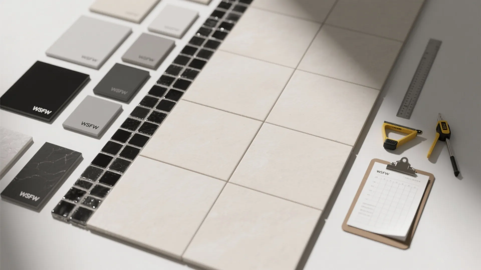 5. Mix of black mosaic accents and lighter field tiles