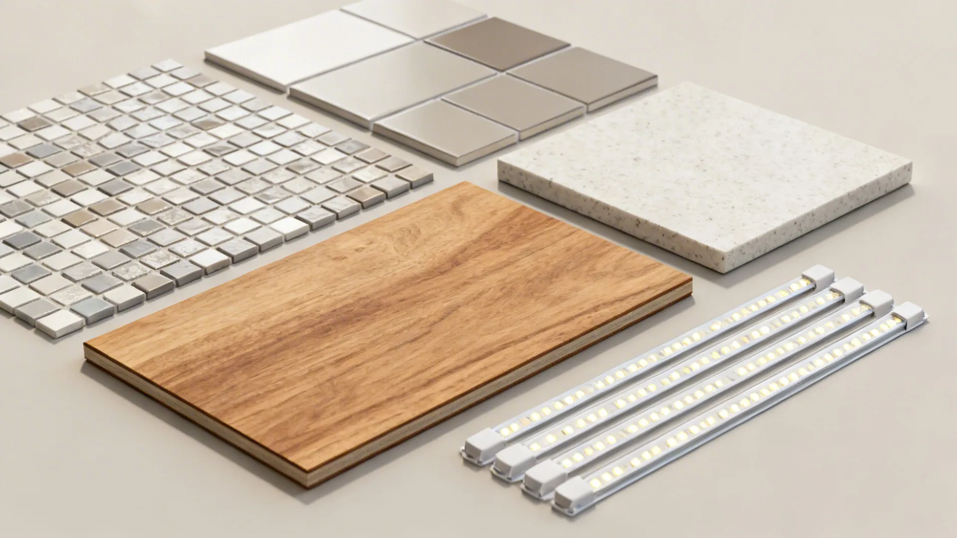 Flat lay of mosaic sheets, satin field tiles, grout, oak, and quartz samples.