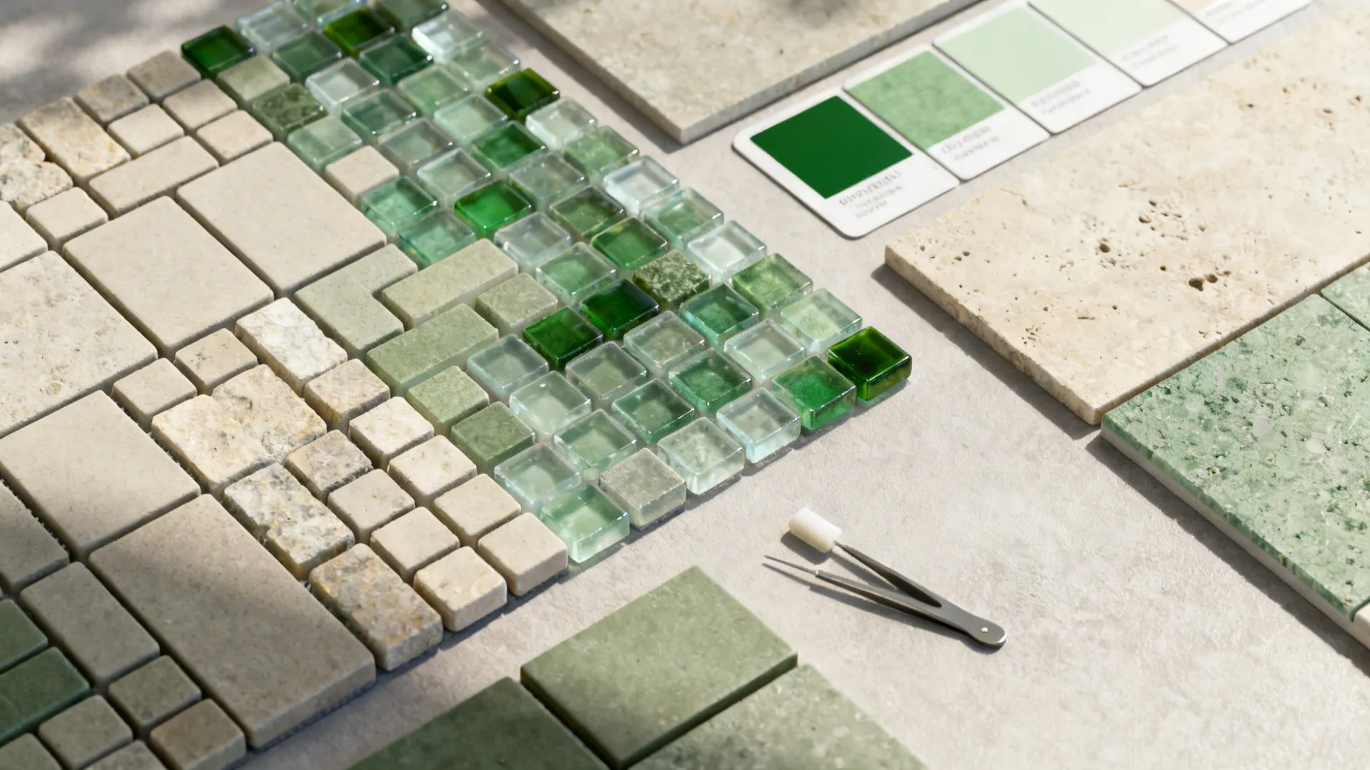 Flatlay of mixed matte and glass mosaic tile samples with grout swatches.