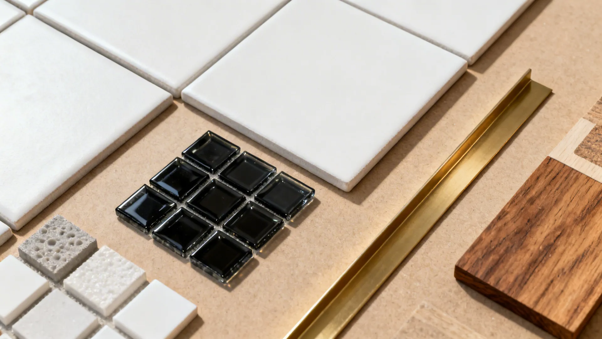 Flatlay of small black mosaic tiles beside larger white field tiles, grout and brass trim samples.