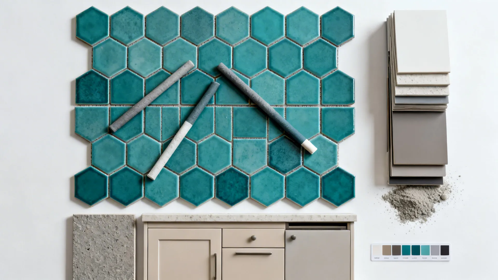 Top-down of teal hex mosaic sheets with grout and finish swatches beside cabinet and counter samples.