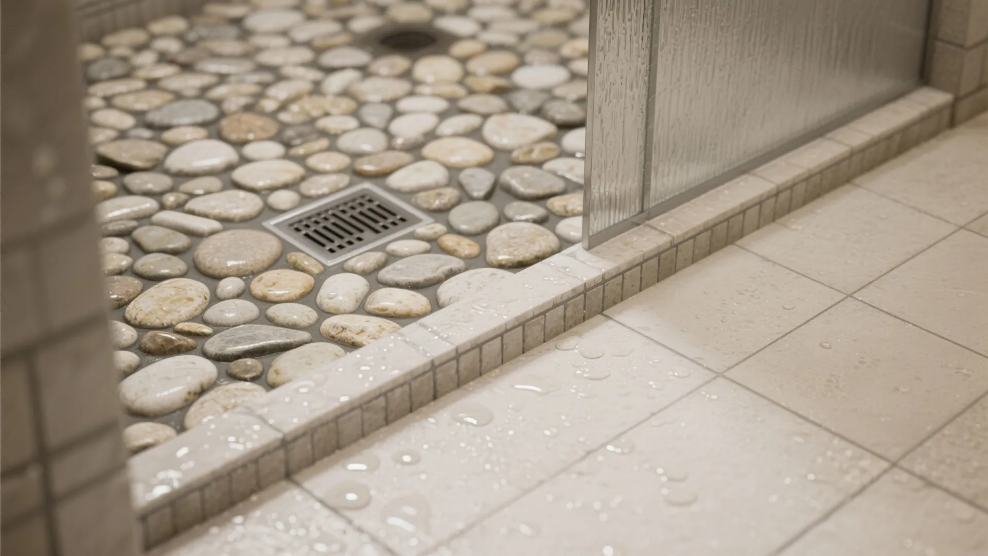 Pebble stone shower floor with metal drain next to glass door and wet floor tiles