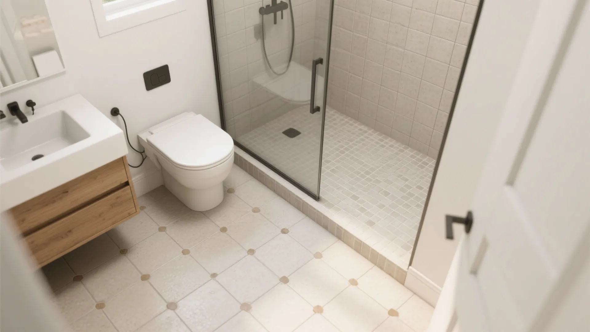 Bright bathroom interior design featuring white toilet wooden cabinet and mosaic tile floor with glass