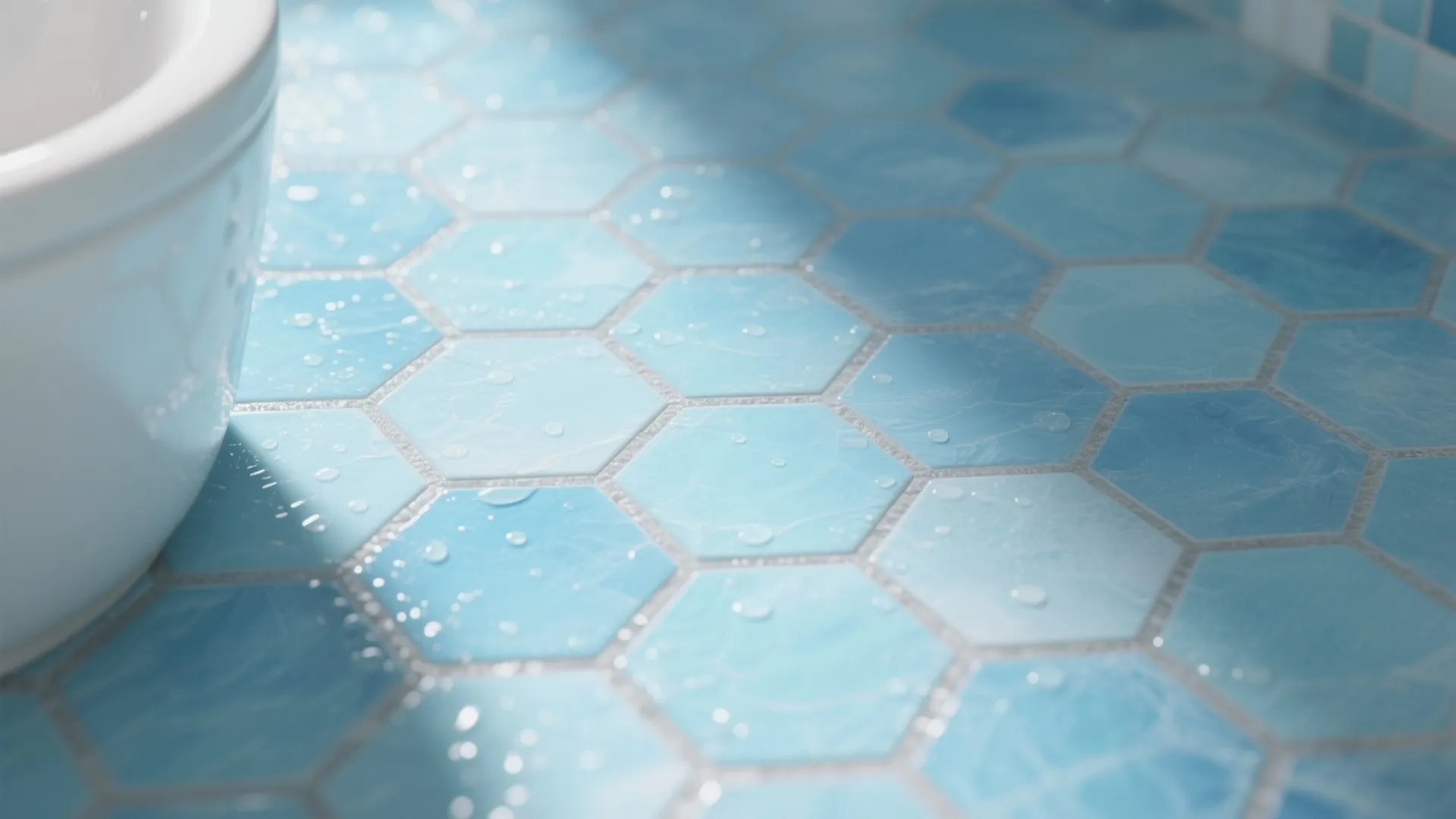 Sky-tinted mosaic floors with slip-safe finishes