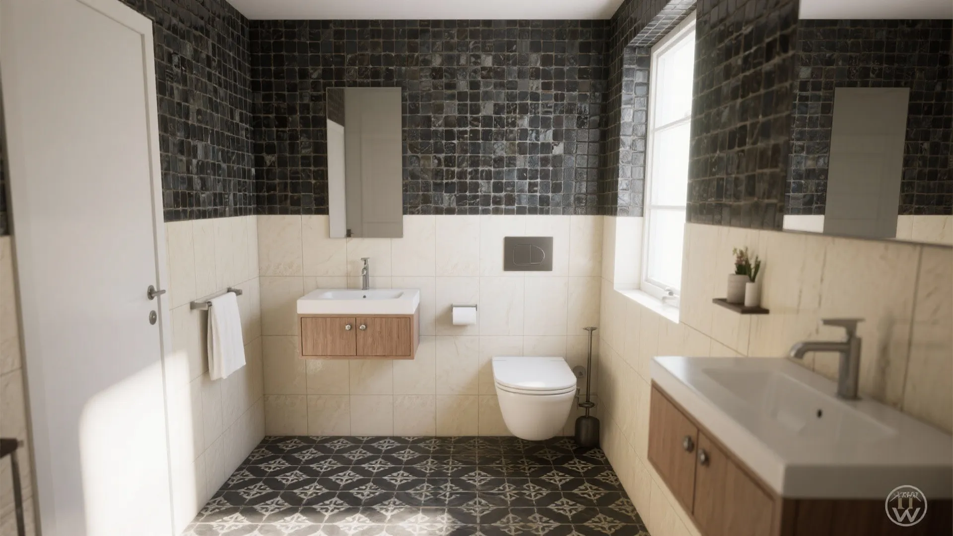 Dark patterned mosaic floor with pale wall tiles