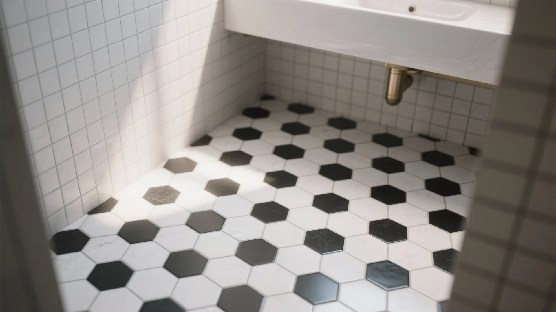 Compact bathroom with hex mosaic floor highlighted by black grout forming a geometric pattern.