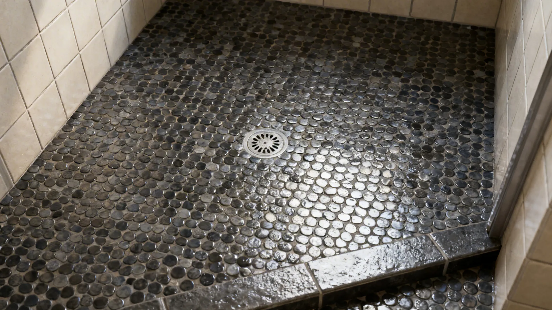 Top-down view of penny-round mosaic shower floor with slight slope and textured grout.