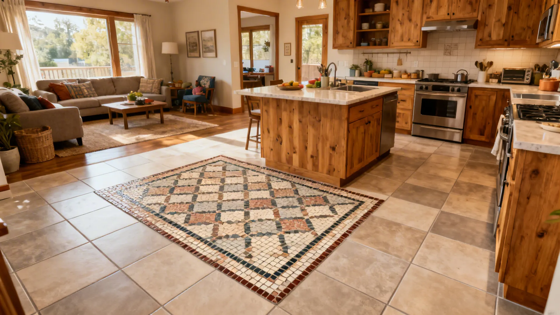 Open-plan kitchen with a patterned mosaic floor rug inset that zones the prep area.
