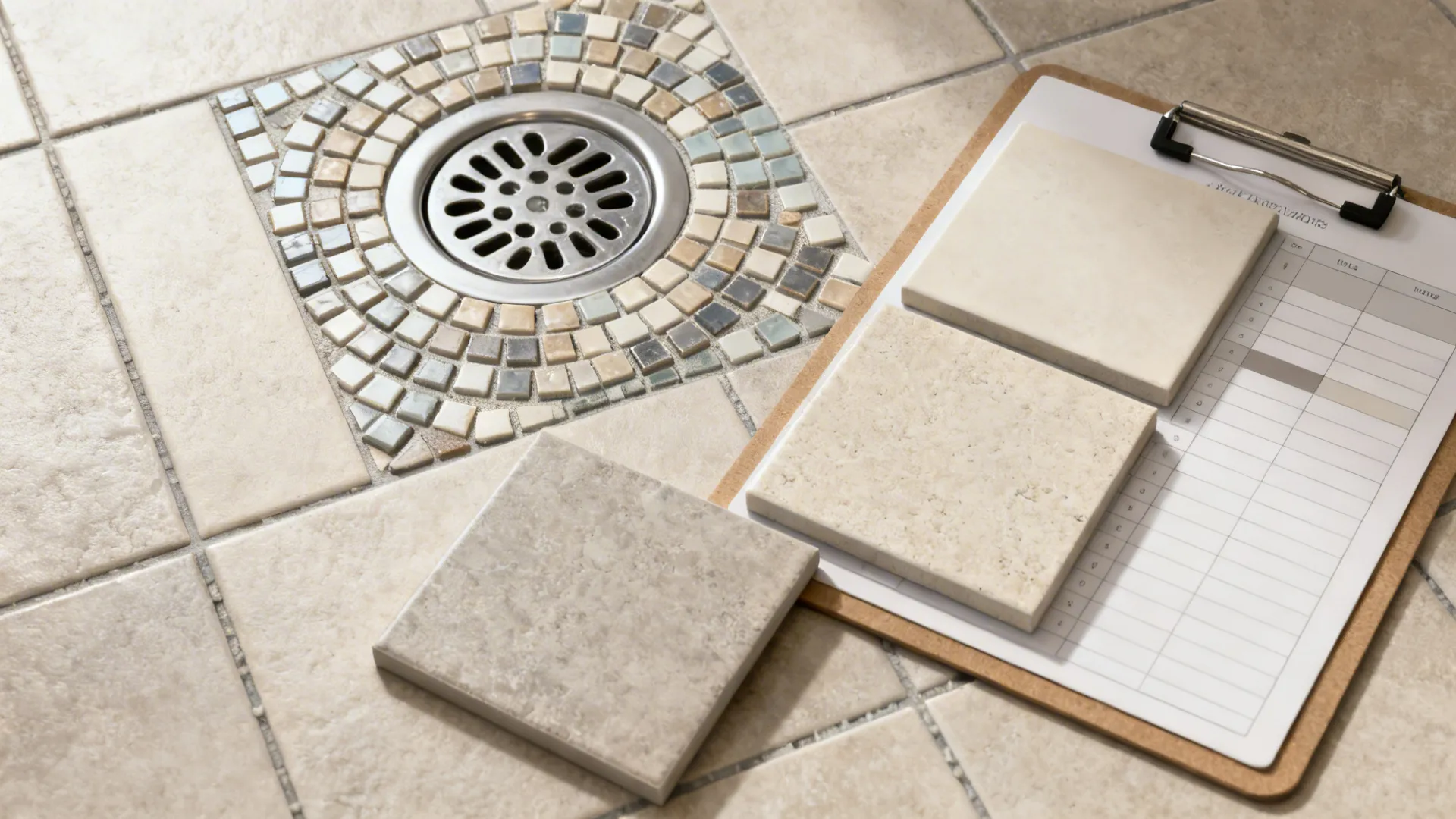 Top-down material samples: small mosaic tub floor tiles and larger wall tile swatches