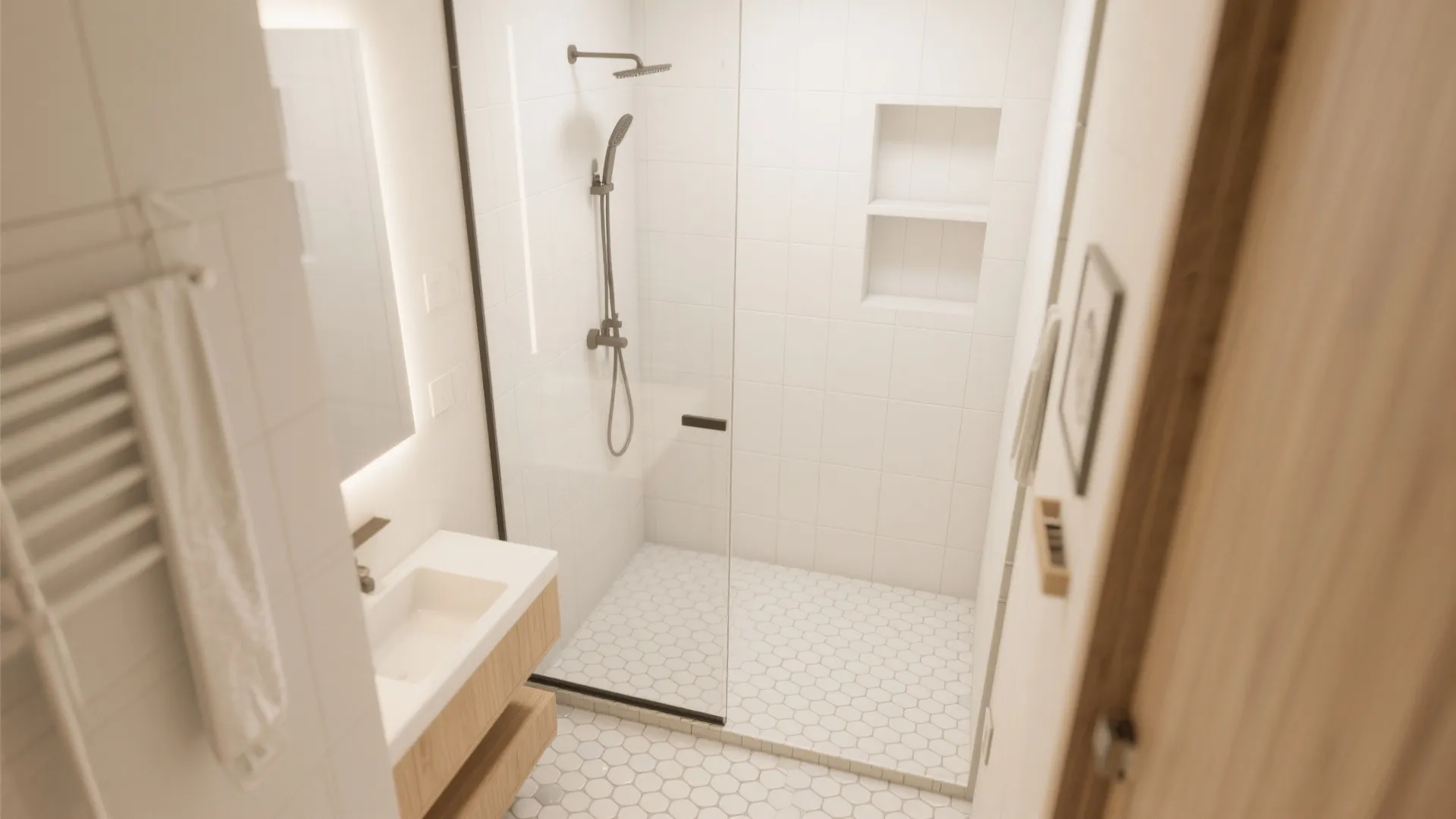 Shower with white hex mosaic floor and satin white large wall tiles in a compact bathroom.