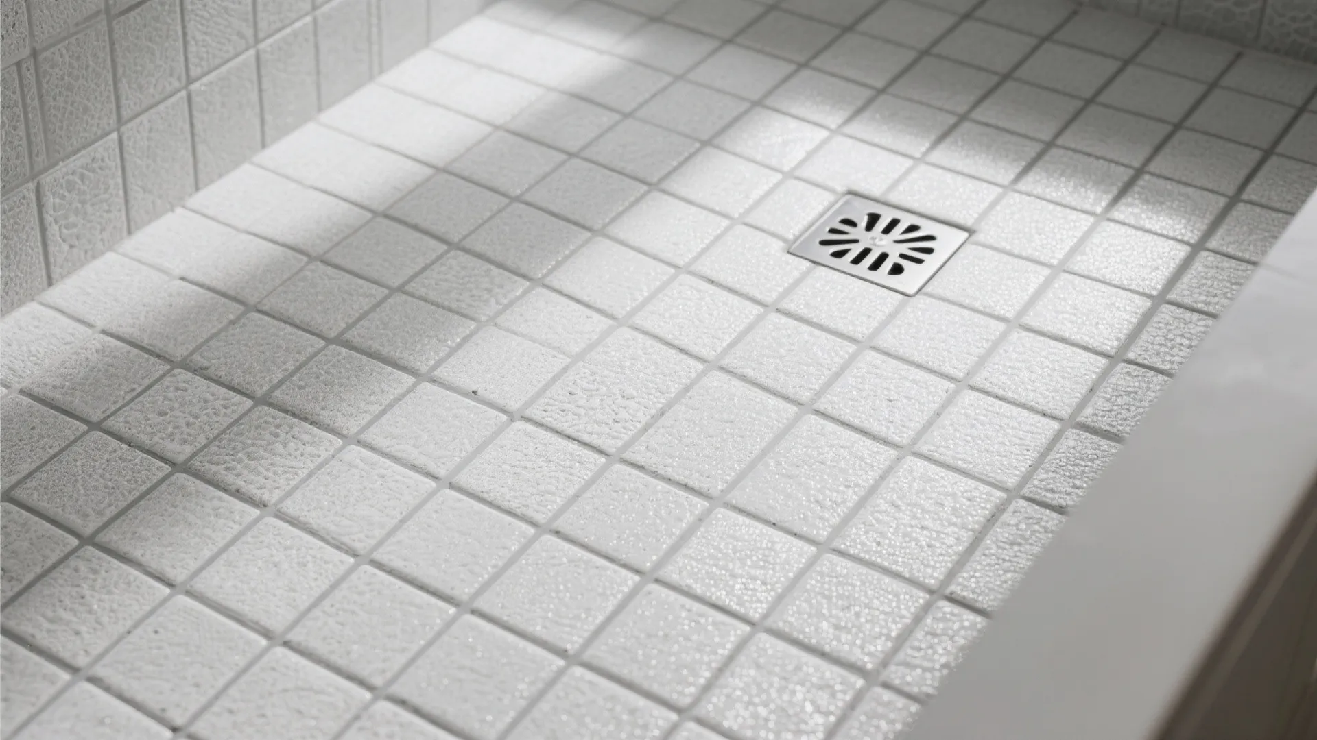 Close up of white square floor tiles in a shower area with a metal floor drain