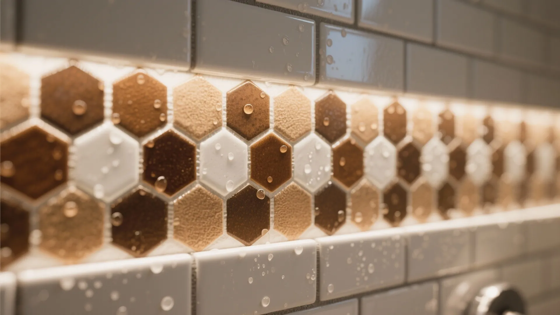 Brown-and-white hex mosaic accent strip in shower niche with grout details