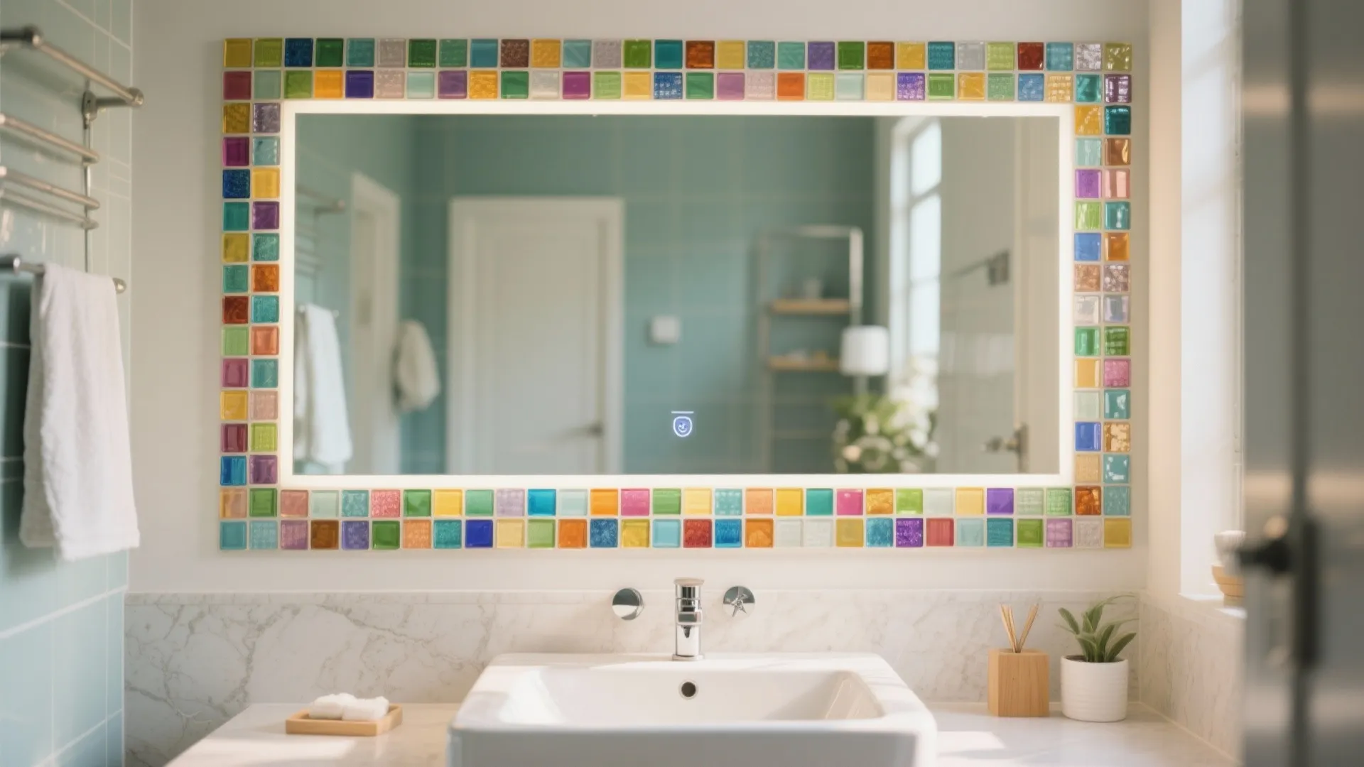 Colorful mosaic tile mirror above white bathroom sink with green plant and light blue wall