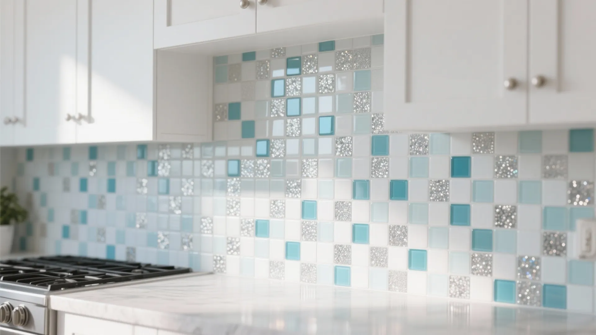 Close up of blue and silver mosaic wall tiles behind a marble counter and gas stove