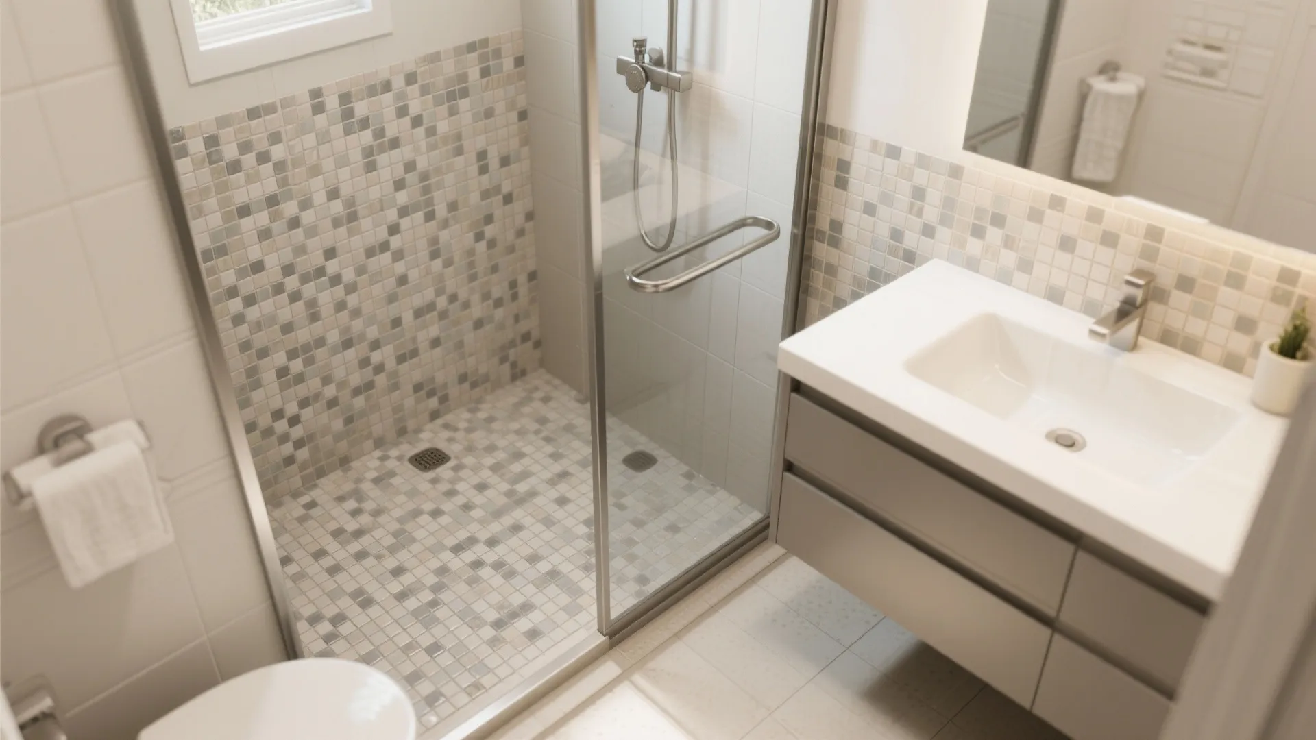 Top view of a small bathroom with mosaic floor tiles glass shower and white sink