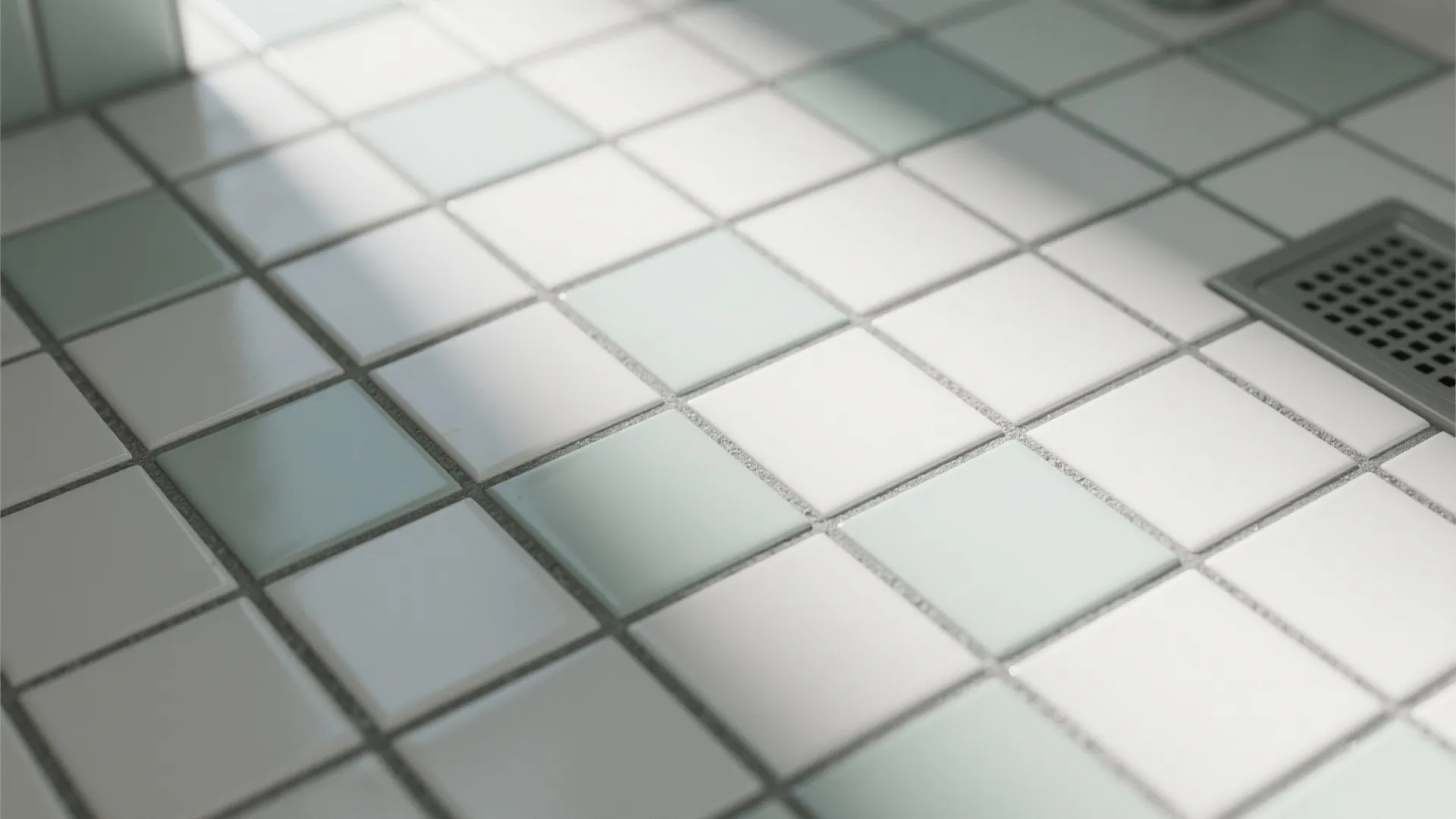 Macro of 2x2 matte porcelain mosaic with mid-gray grout providing traction.