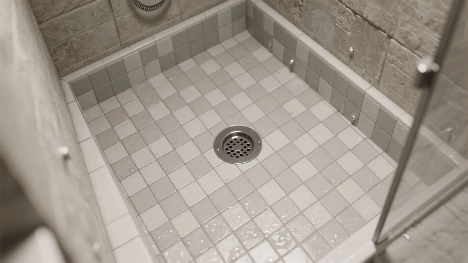 Top-down view of a 1x1 matte mosaic shower floor with a round drain, precise slope, and tight grout lines.