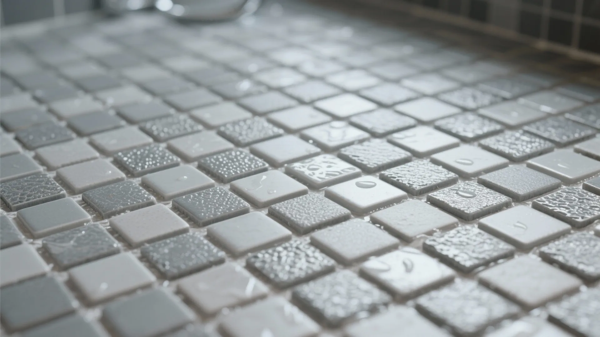 Close up of small grey square floor tiles with water drops on the textured tile surface