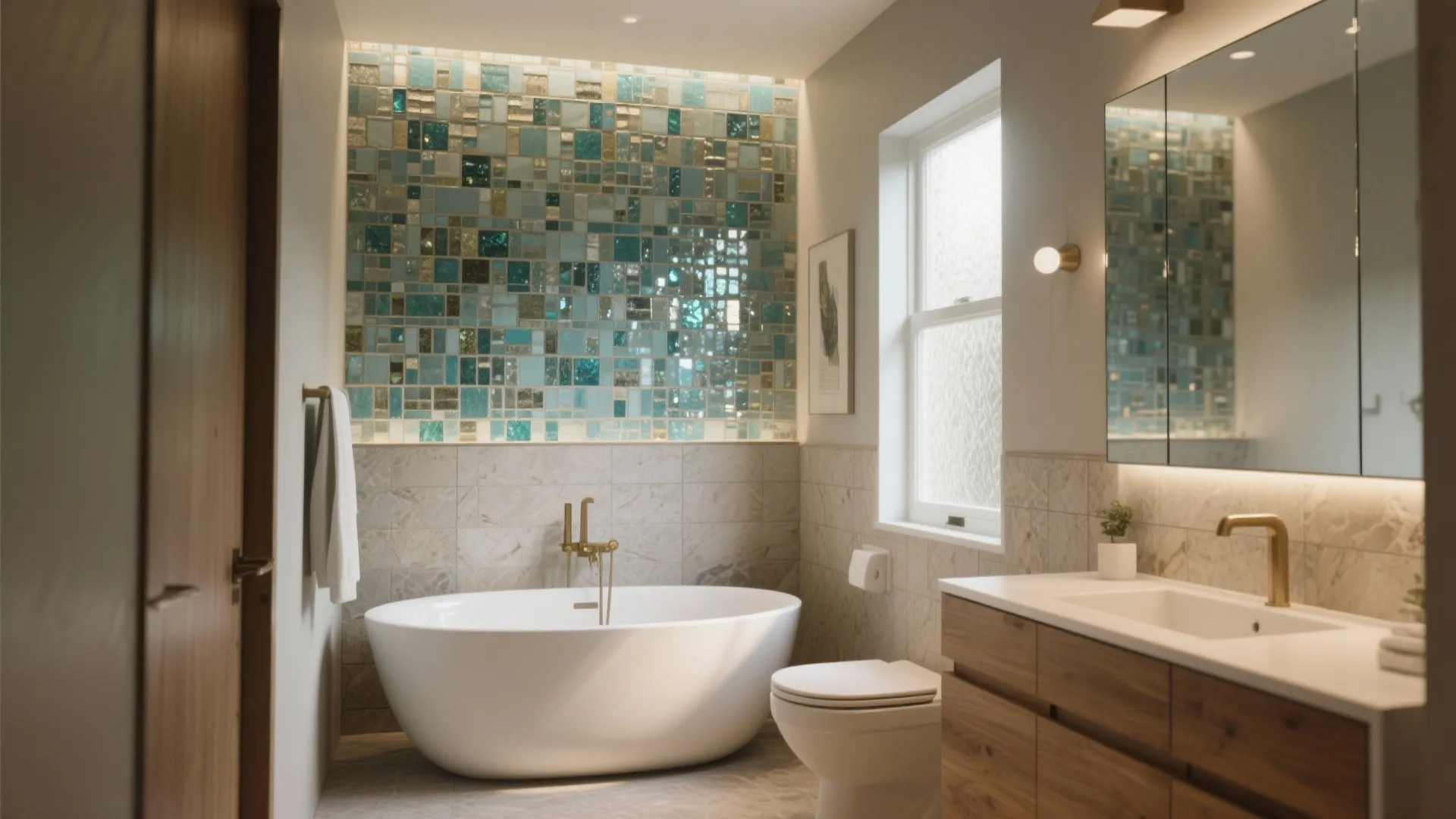 Modern bathroom with white bathtub, wooden cabinet, marble wall tiles, and blue glass wall pattern