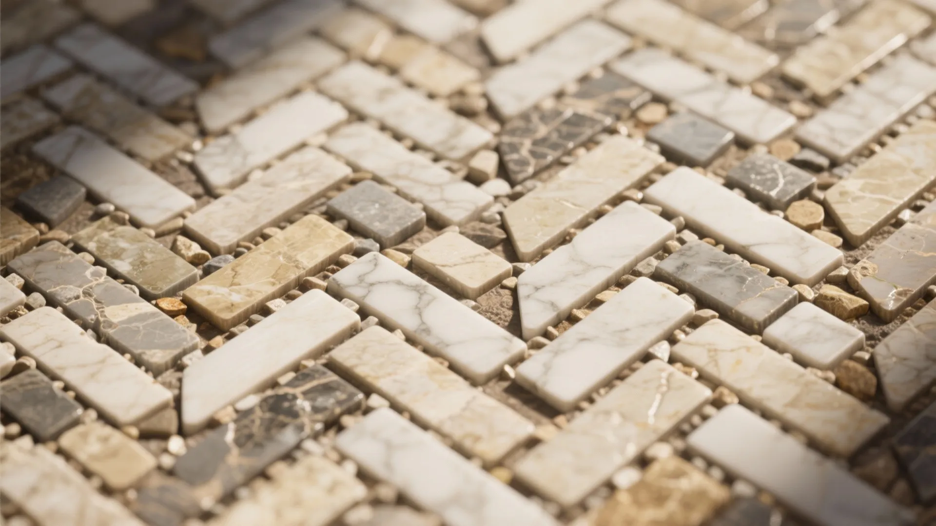 Close up view of marble mosaic floor tiles in a classic pattern with various natural colors