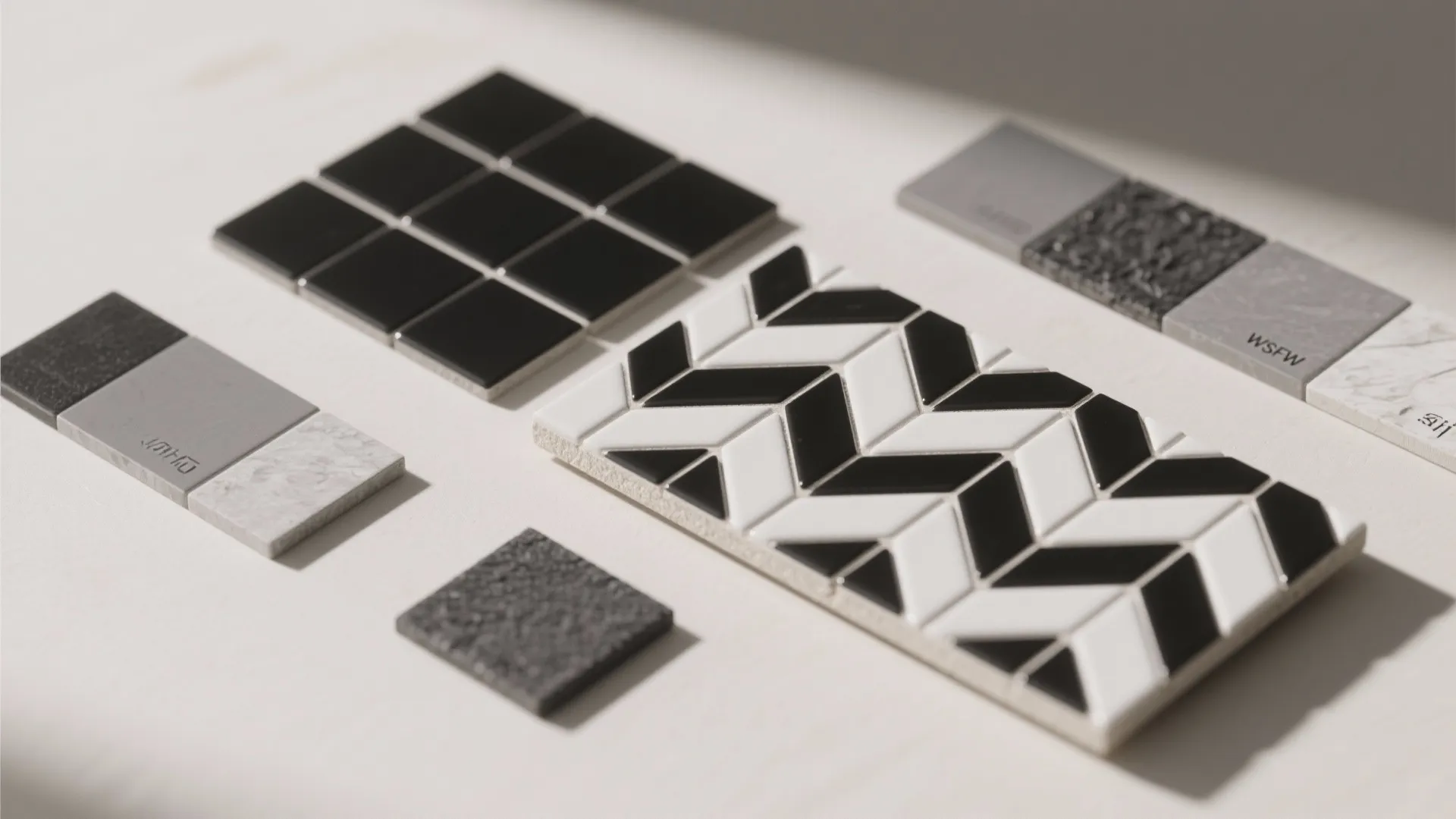 Black and white zigzag wall tiles layout with grey floor tile samples on a table