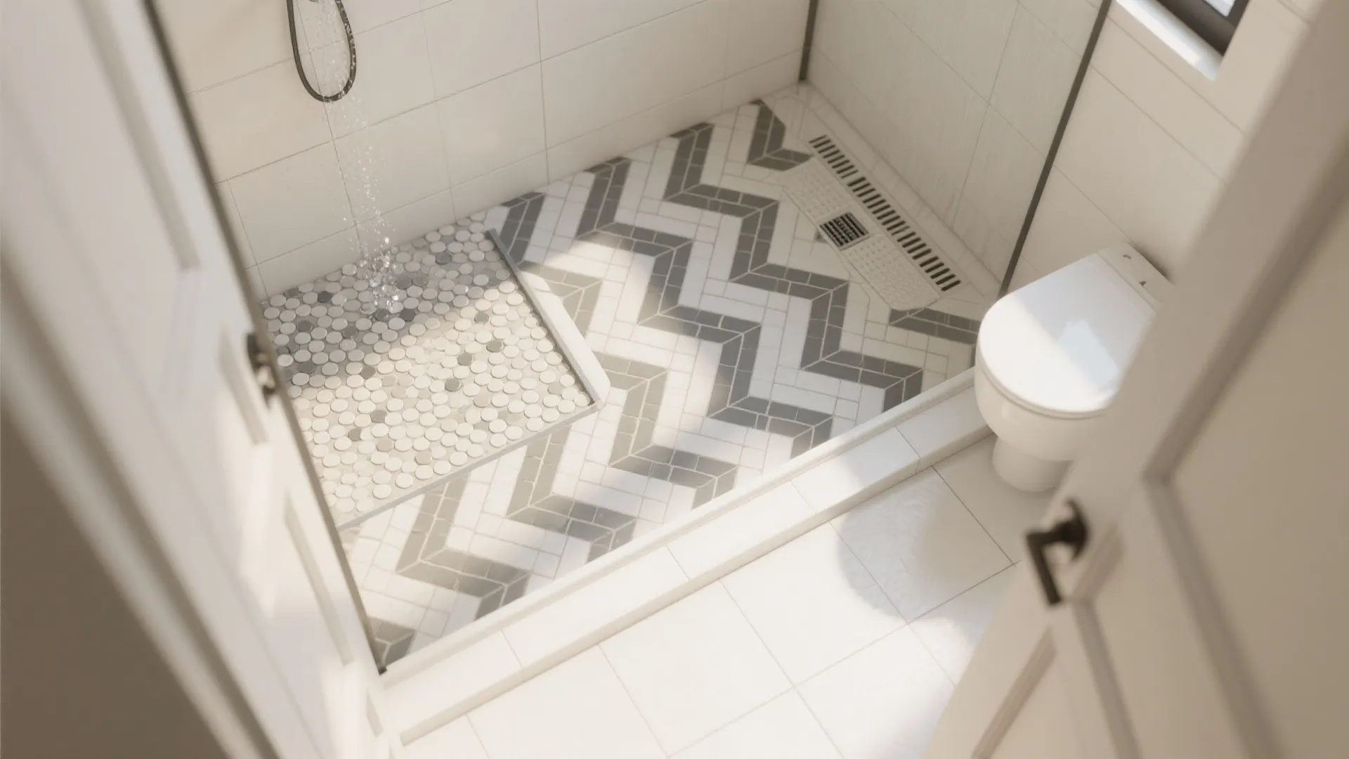Top view of bathroom shower floor with grey and white zig zag tiles and white toilet