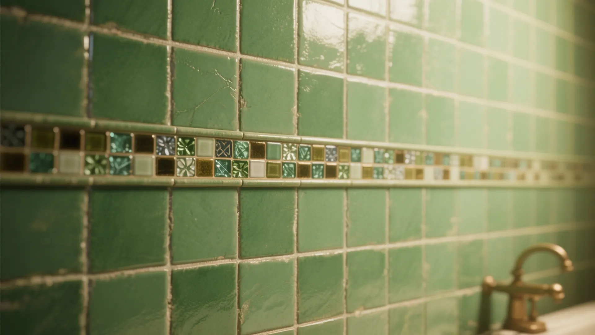 Close-up of vintage green tiles with a thin mosaic insert band showing precise installation