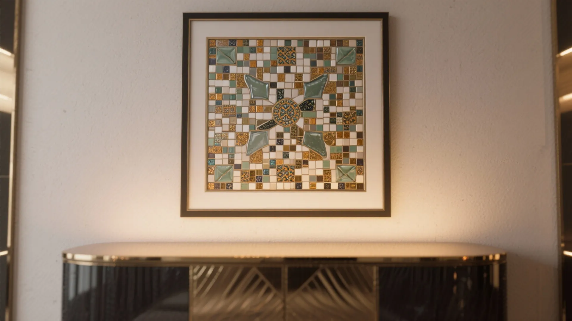 Small framed mosaic inset above a console, showing detailed glass and ceramic tesserae.