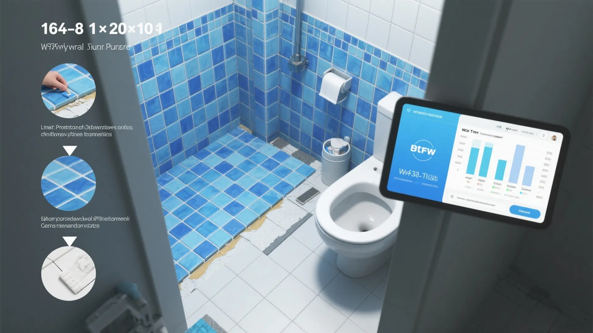 Top-down photographic guide showing planning and installation steps for blue mosaic tiles