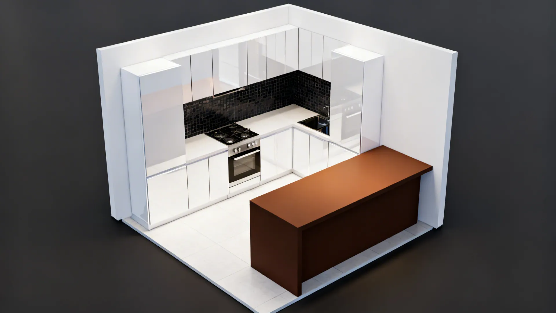 Glossy White Doors + Cocoa-Brown Island + Dark Mosaic Feature