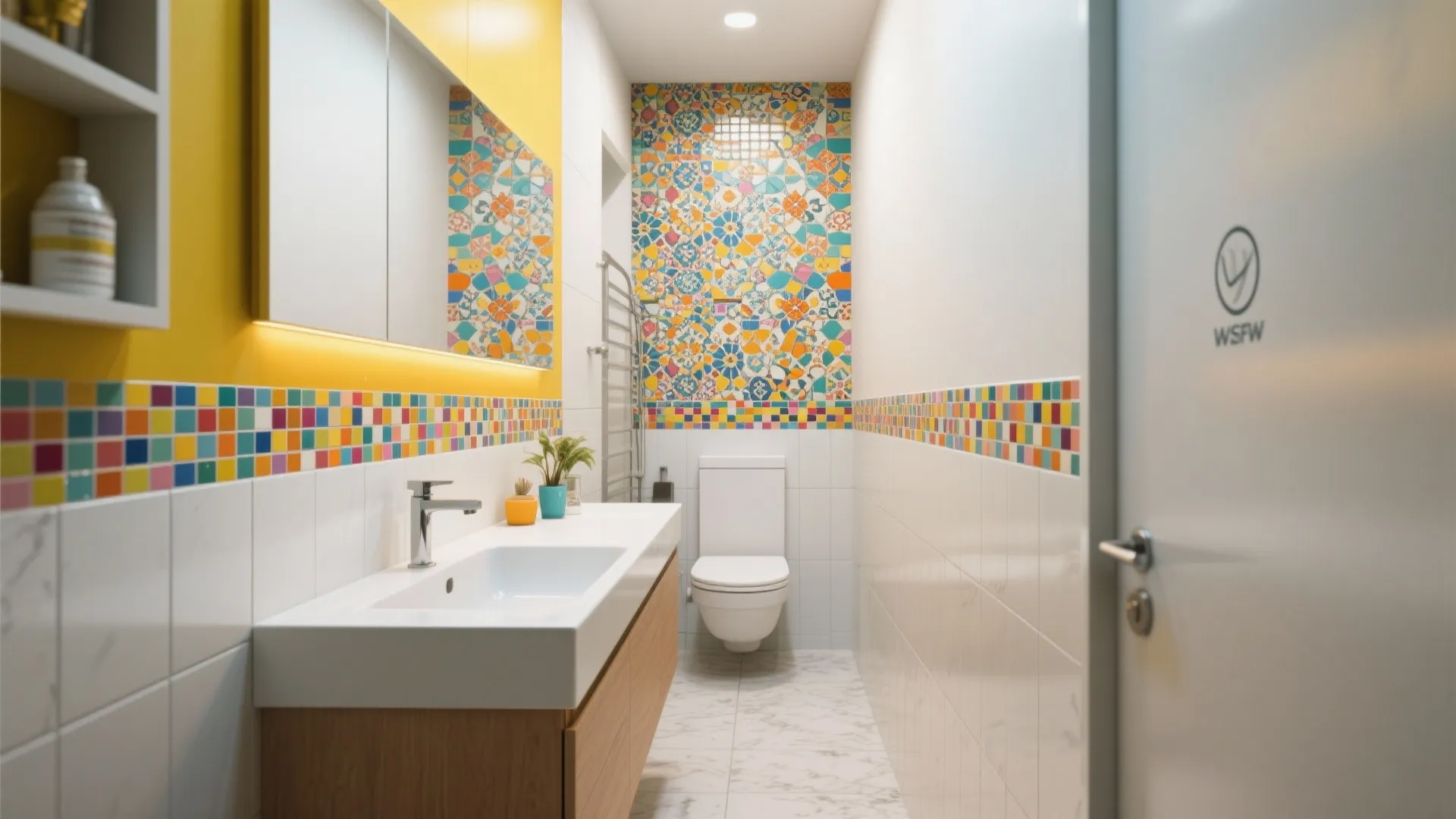 Bold mosaic listello adds color to a small bathroom wall