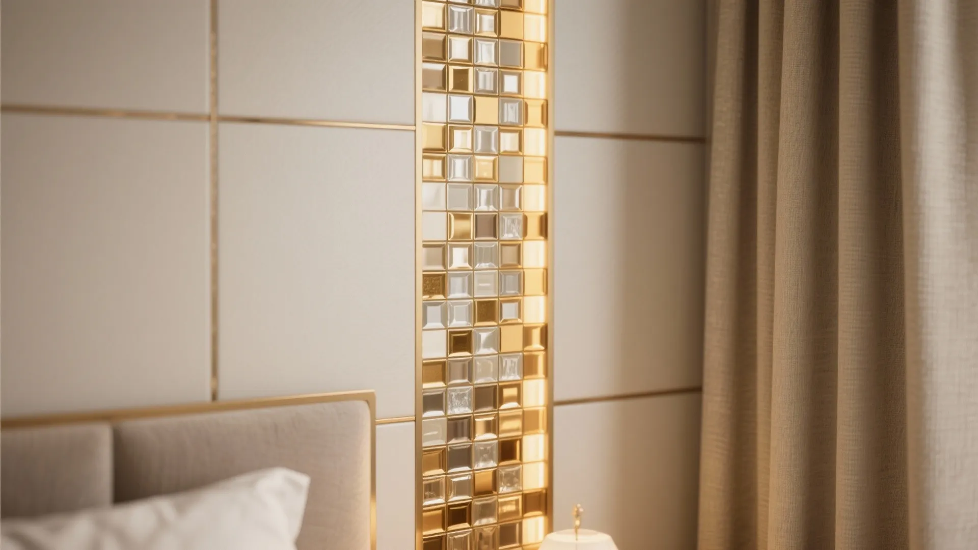 Close up of gold and silver square wall tiles with built in lights and beige curtains