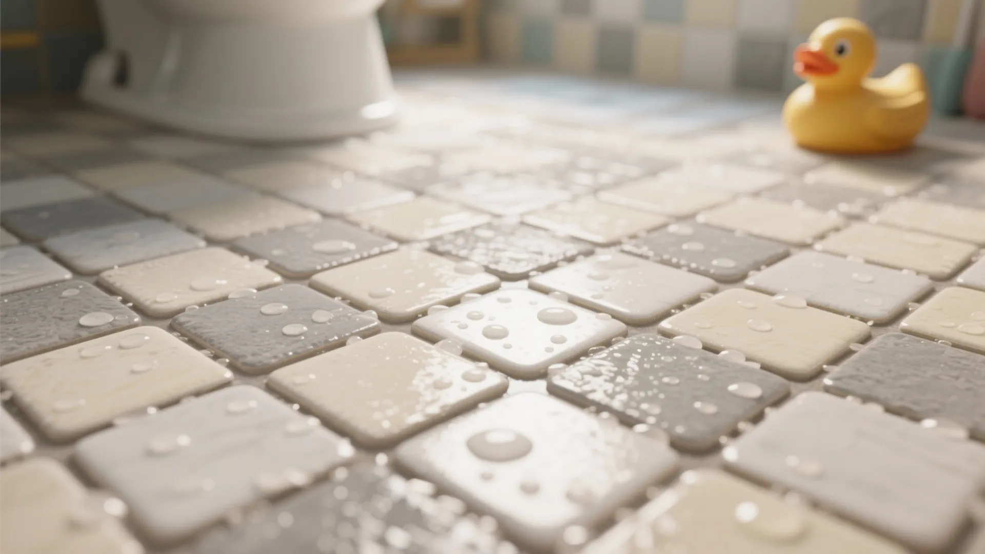 Wet square bathroom floor tiles with water drops and a yellow rubber duck in back